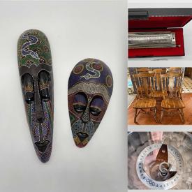 MaxSold Auction: This online auction features Wood Carved Masks, Cabriole Sofa, Southwestern Pottery, Art Glass, Harmonicas, Porcelain Dolls, Office & Art Supplies, Washer, Dryer, Cedar Bench, Electric Oven, Camping Gear, Fishing Gear, Pallet Jack, Lawnmower, BBQ Grill, Rolling Toolbox, Tools and much more!